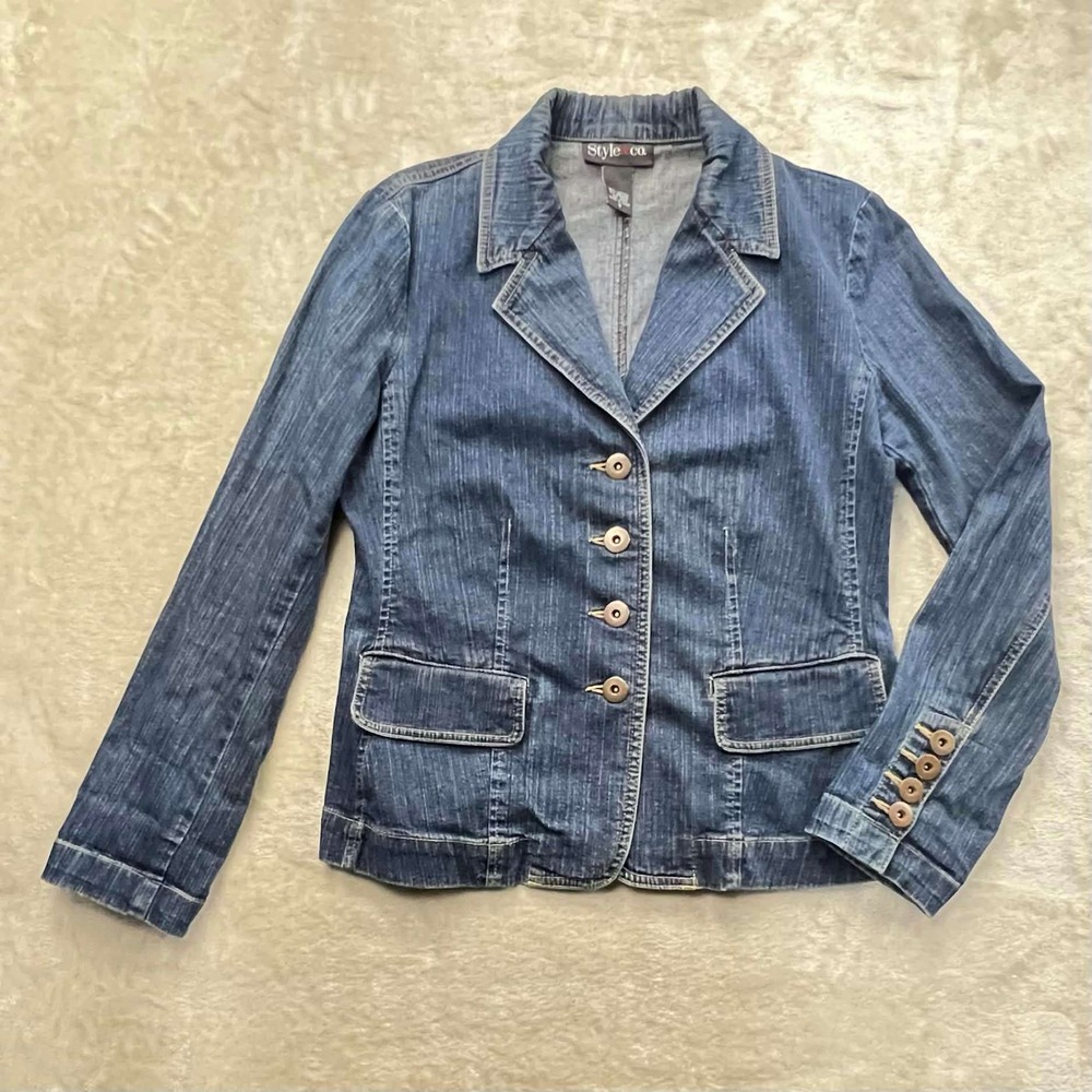 Style & Co Women's Blue Denim Blazer Jacket Size 6 Stretch Button Front Pocket